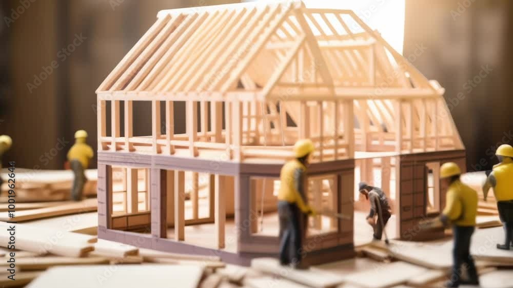 Construction workers are building a model house made of wood, illustrating the concept of home building and construction Construction workers are building a model house made of wood, illustrating the concept of home building and construction