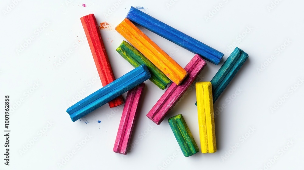A collection of vibrant chalk sticks in different colors scattered randomly across a white background, creating a playful, artistic vibe. A collection of vibrant chalk sticks in different colors scattered randomly across a white background, creating a playful, artistic vibe.