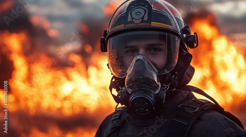 Firefighter in protective gear stands confidently in front of a large blaze during a training exercise at sunset