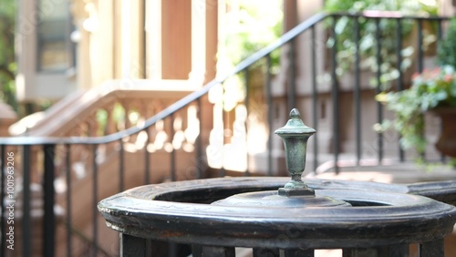 New York City townhouse building, Brooklyn Heights residential district, USA. Brownstone urban architecture, attached house. United States real estate, american property, apartments and homes in NYC.