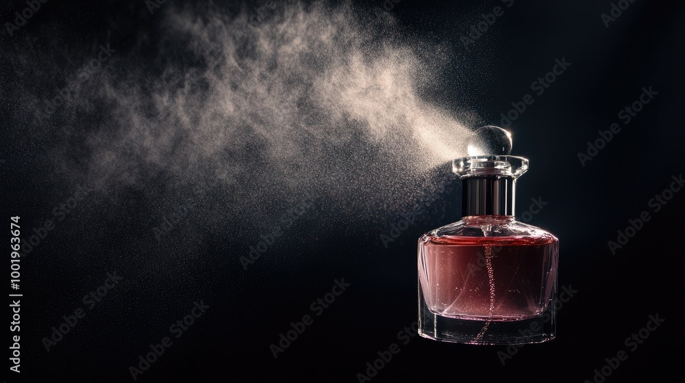 A fine mist of perfume spray captured mid-air, illuminated against a dark background, creating an elegant visual. A fine mist of perfume spray captured mid-air, illuminated against a dark background, creating an elegant visual.