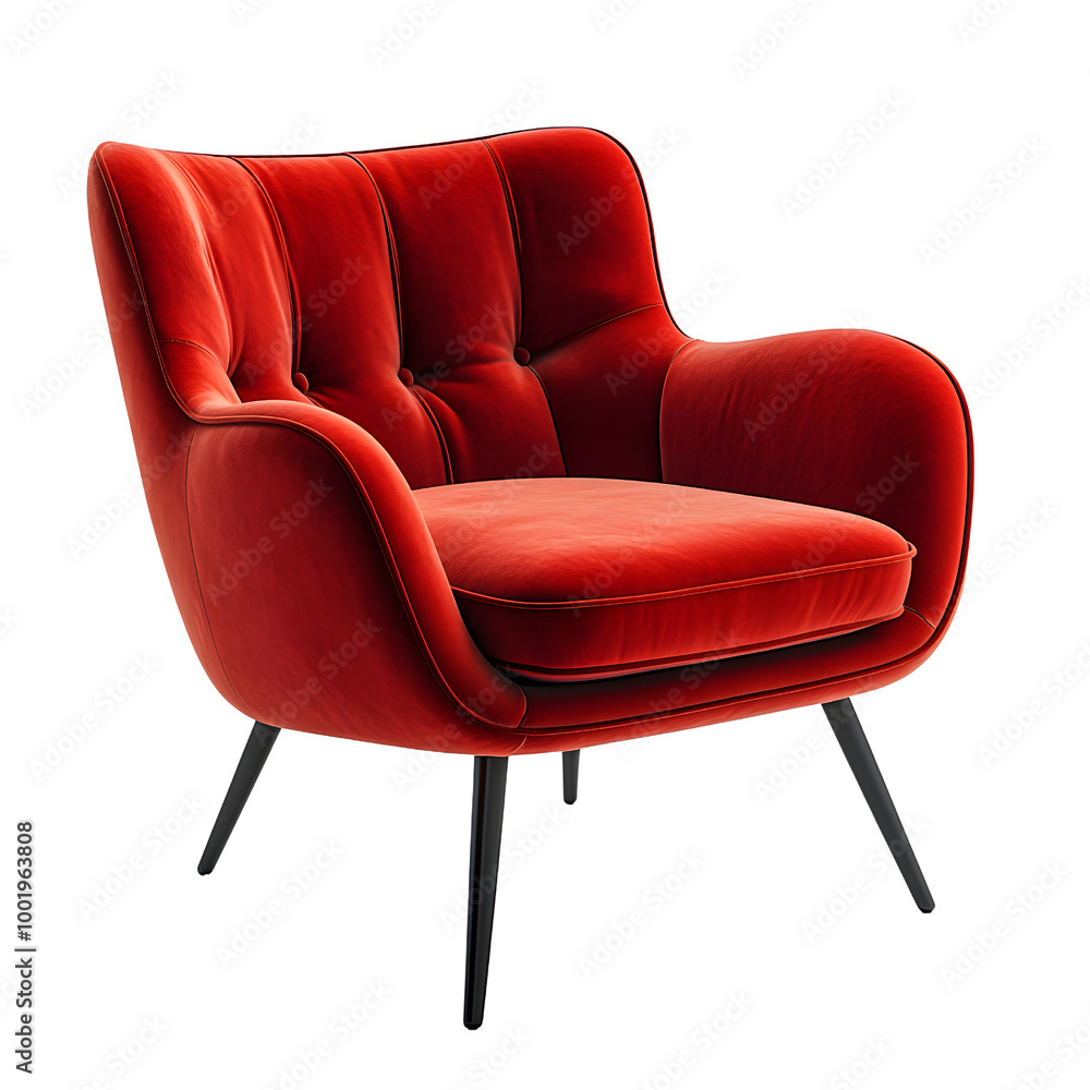 Obraz premium Stylish red velvet armchair with a modern design on a white isolated background.