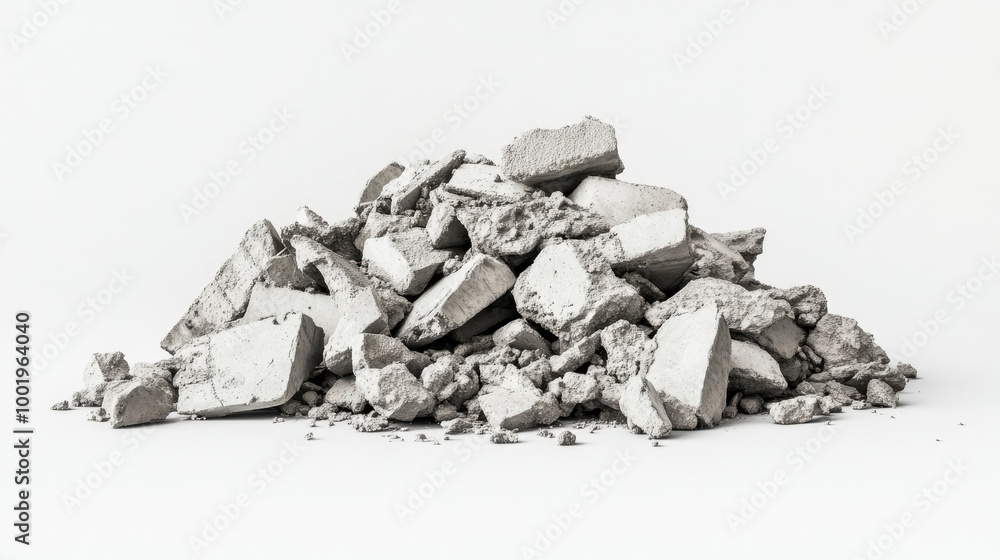 A heap of gray, rugged concrete debris against a simple white backdrop, symbolizing destruction or demolition in an urban setting. A heap of gray, rugged concrete debris against a simple white backdrop, symbolizing destruction or demolition in an urban setting.