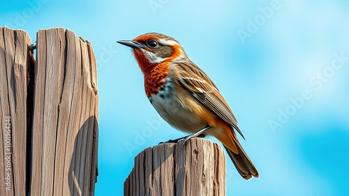 A curious wren-like bird with a distinctive white throat patch and brown back, perched on a rustic wood grain fence post against a bright blue sky. photo