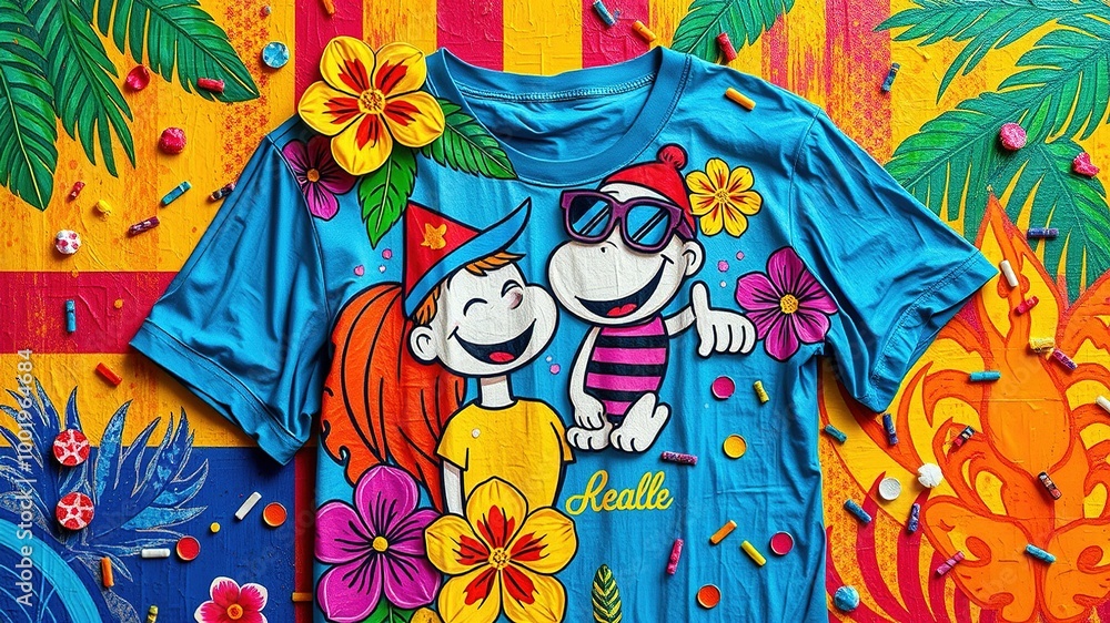 Fototapeta premium A retro-inspired t-shirt design featuring colorful cartoon characters, tropical flowers, and confetti, surrounded by bold stripes and bright swooshes, 
