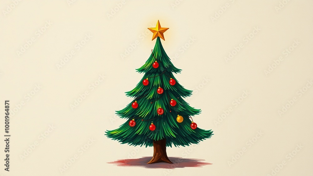 A simple illustration depicting a traditional Christmas tree with a green triangle shape, adorned with a small golden star on top, surrounded by minimal festive decorations. A simple illustration depicting a traditional Christmas tree with a green triangle shape, adorned with a small golden star on top, surrounded by minimal festive decorations.