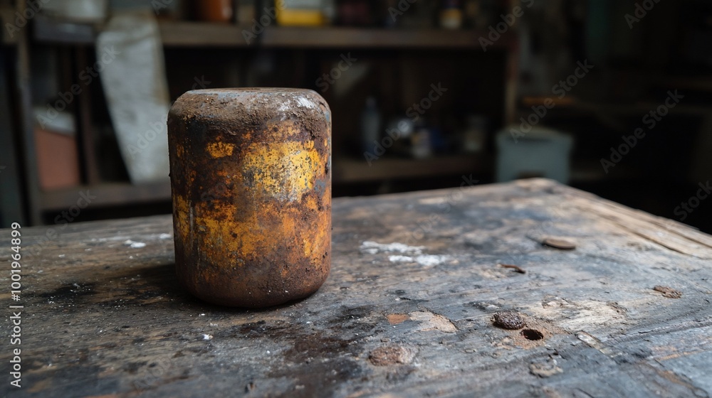 A rusty, yellow metal can sits on a wooden workbench in a dimly lit workshop. A rusty, yellow metal can sits on a wooden workbench in a dimly lit workshop.