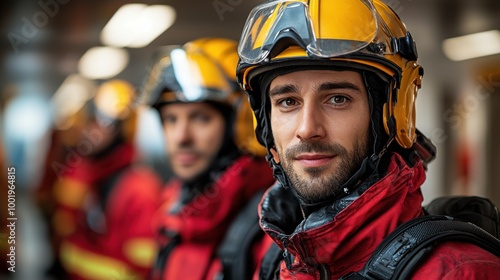 Firefighters preparing for action in their gear during a training exercise in a city fire station on a bright afternoon