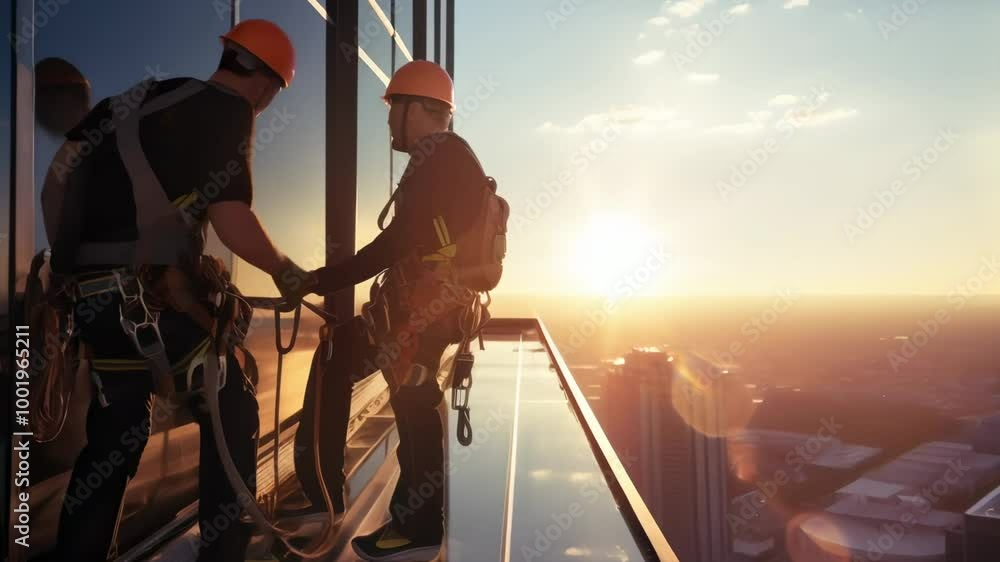 Two skilled climbers secure ropes on glass platform on high rise ...