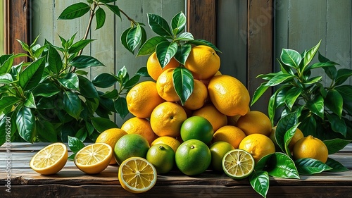 A vibrant still life composition featuring a pyramidal arrangement of juicy lemons and limes on a rustic wooden table, surrounded by lush greenery and soft, diffused light.