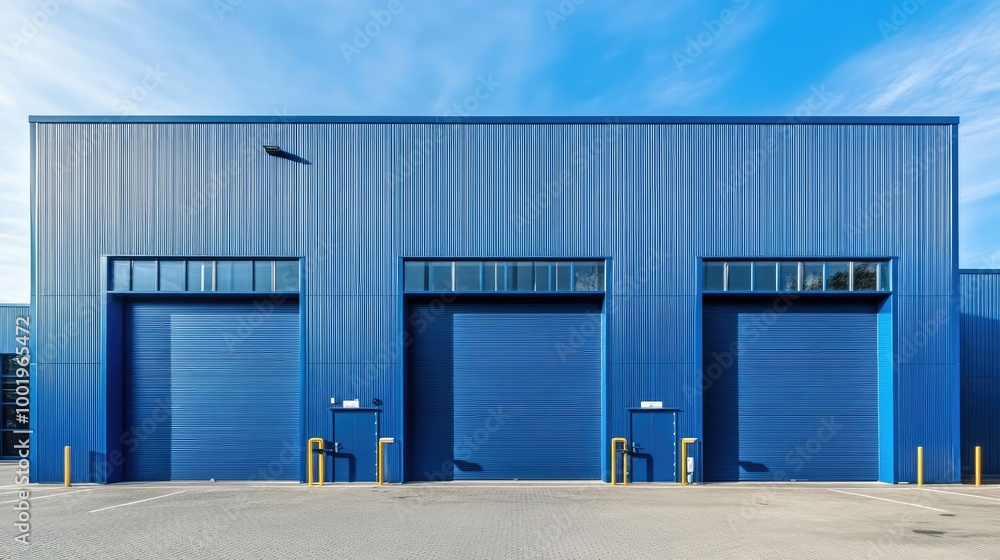 Fototapeta premium A modern blue warehouse building with three large garage doors in the front. Clear skies and industrial surroundings.
