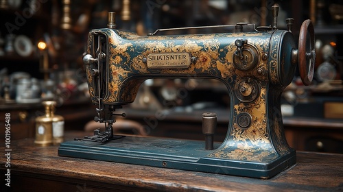 Antique Singer Sewing Machine on Display in a Vintage Café Setting with Colorful Decor Elements