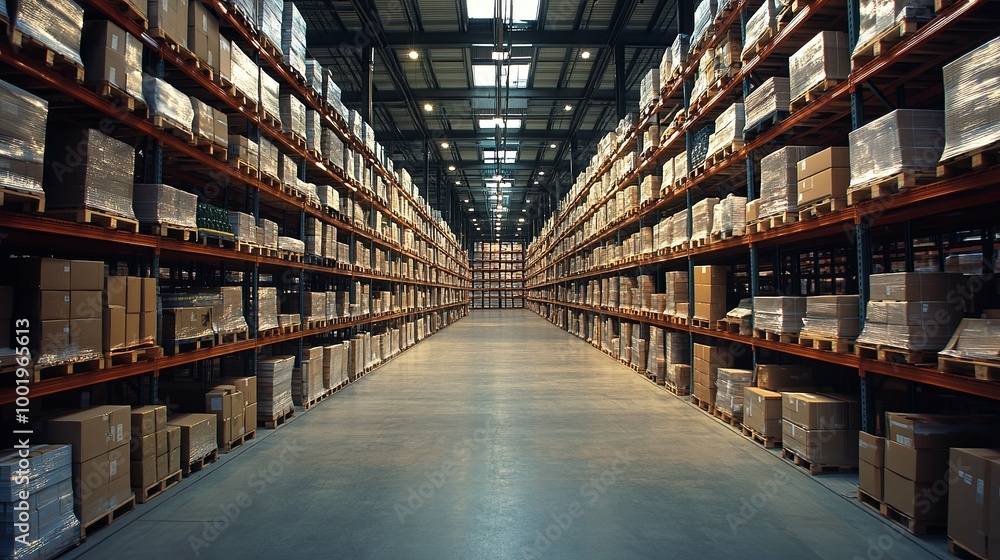 A Long Perspective of a Warehouse with Shelving and Packed Cardboard Boxes A Long Perspective of a Warehouse with Shelving and Packed Cardboard Boxes