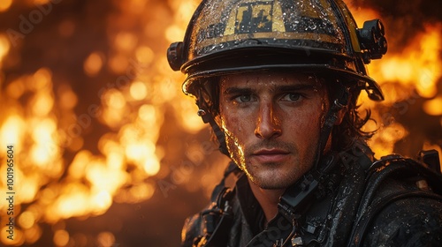 Brave firefighter stands resolutely as towering flames engulf the background during an intense rescue operation at night photo