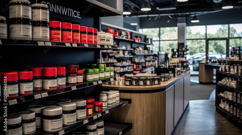 A well-stocked store interior with black shelves filled with product jars. A well-stocked store interior with black shelves filled with product jars.