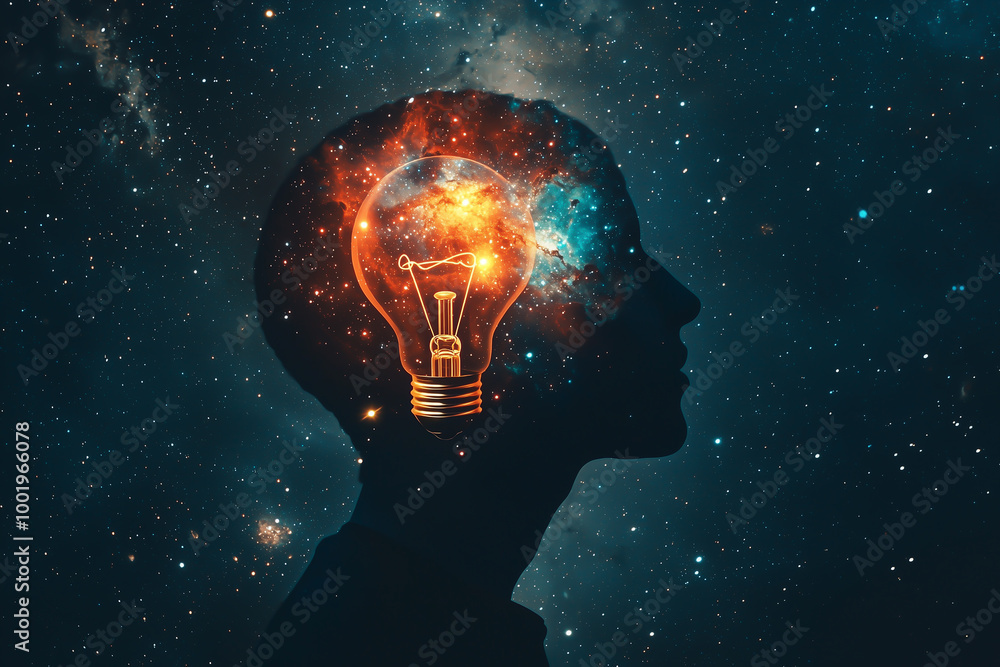 A human silhouette with a vibrant galaxy inside the head, representing limitless creative thinking. A human silhouette with a vibrant galaxy inside the head, representing limitless creative thinking.
