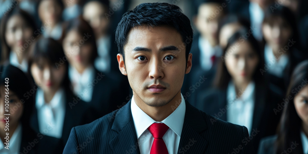A man in a suit and red tie is standing among many Asian business people, generative AI A man in a suit and red tie is standing among many Asian business people, generative AI