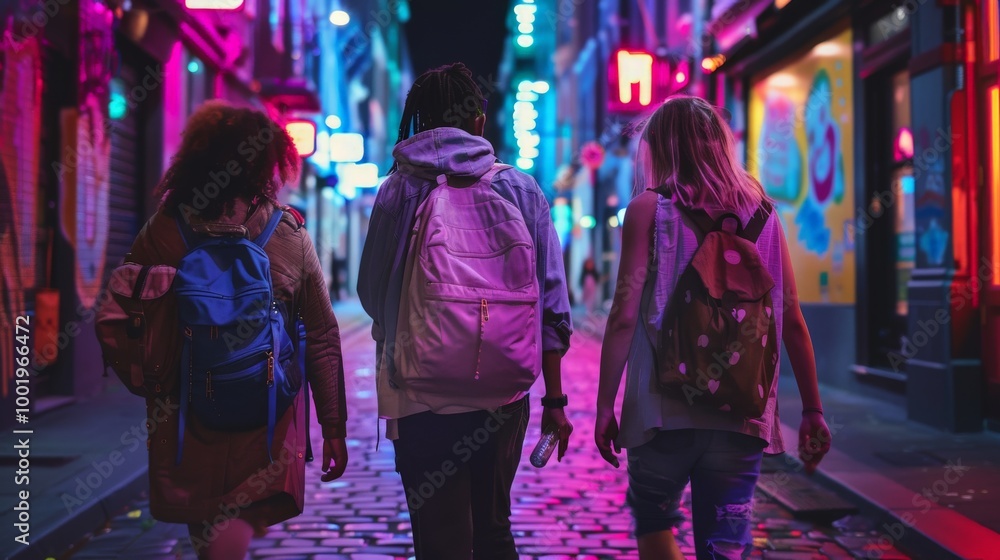 A group of friends exploring a vibrant city at night with lights and activity around with A group of friends exploring a vibrant city at night with lights and activity around with