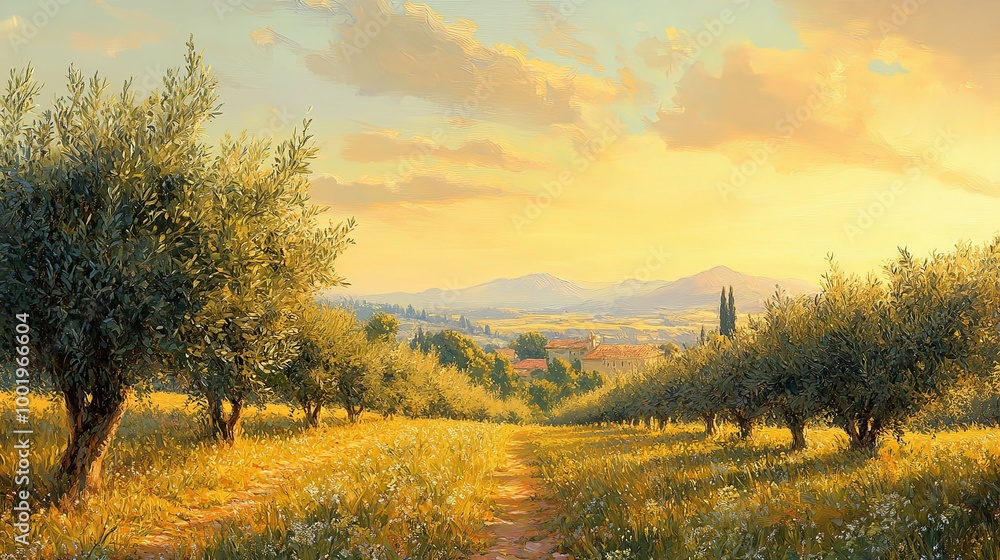 A Path Through an Olive Grove Leading to a Tuscan Village at Sunset A Path Through an Olive Grove Leading to a Tuscan Village at Sunset