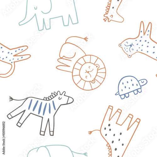 Safari animals cute illustration in doodle style. Outline hand drawn print. African leopard, giraffe, elephant. Wild animals seamless pattern