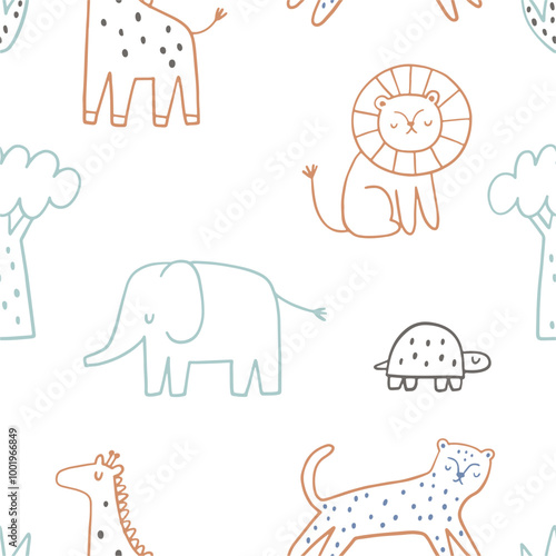 Safari animals cute illustration in doodle style. Outline hand drawn print. African leopard, giraffe, elephant. Wild animals seamless pattern