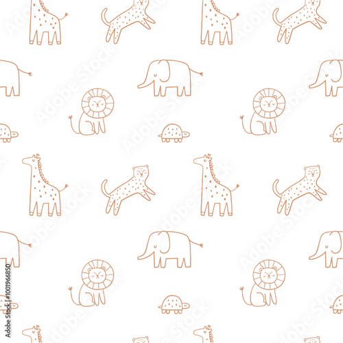 Safari animals cute illustration in doodle style. Outline hand drawn print. African leopard, giraffe, elephant. Wild animals seamless pattern