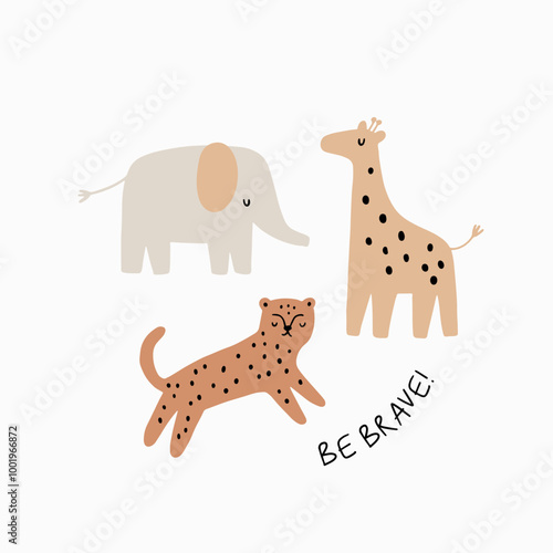 Safari animals cute illustration in doodle style. Outline hand drawn print. African leopard, giraffe, elephant. Wild animals 