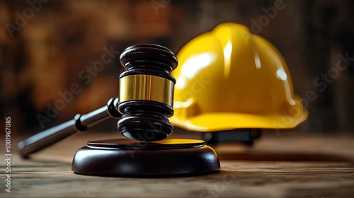 Gavel and Hard Hat on Wooden Surface photo