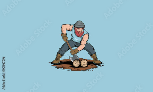 Strong lumberjack chopping wood.