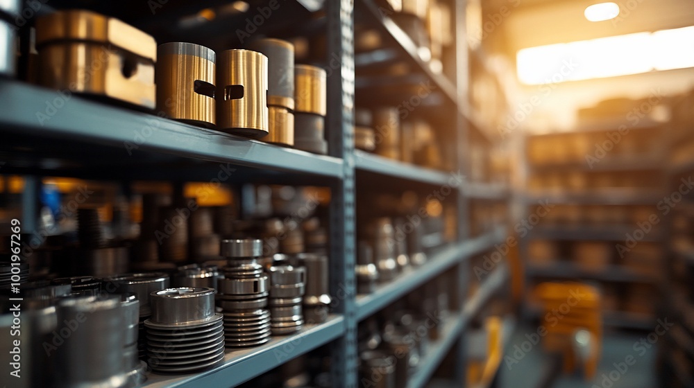 A well-organized industrial warehouse with rows of shelves filled with metal parts. A well-organized industrial warehouse with rows of shelves filled with metal parts.