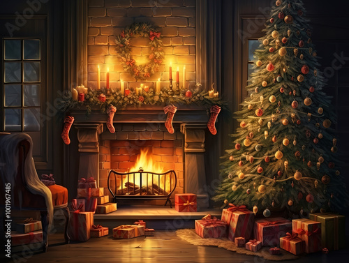 Wallpaper Mural Decorated Christmas tree in front of the fireplace with various candles, Ready for holiday Torontodigital.ca