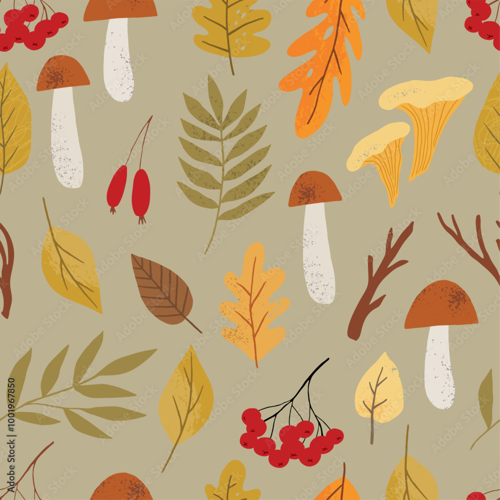 Obraz premium Autumn leaf print. Cozy Fall background design with leaves. Natural print for fabric, textile, wallpaper. Vector Handdrawn seamless pattern