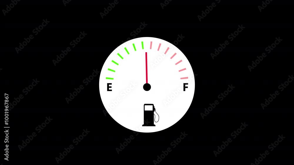 Fuel gauge dashboard on black background, fuel meter show low level to full on speedometer dashboard, simple fuel meter animated. Fuel gauge dashboard on black background, fuel meter show low level to full on speedometer dashboard, simple fuel meter animated.