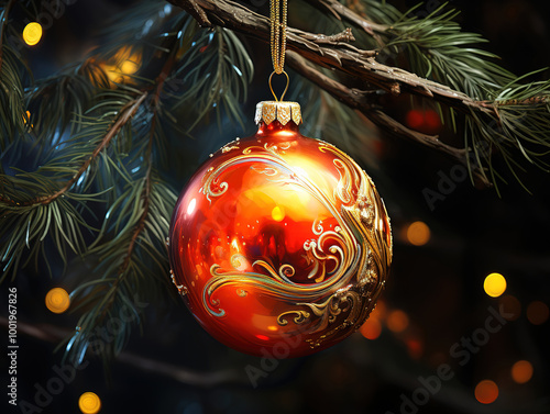 Image of ball and golden tinsel on the piny branch