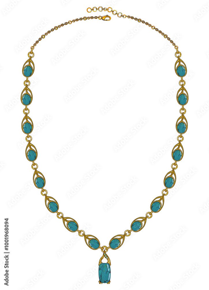 Jewelry design modern art gold necklace set with turqouise hand drawing on paper. Jewelry design modern art gold necklace set with turqouise hand drawing on paper.