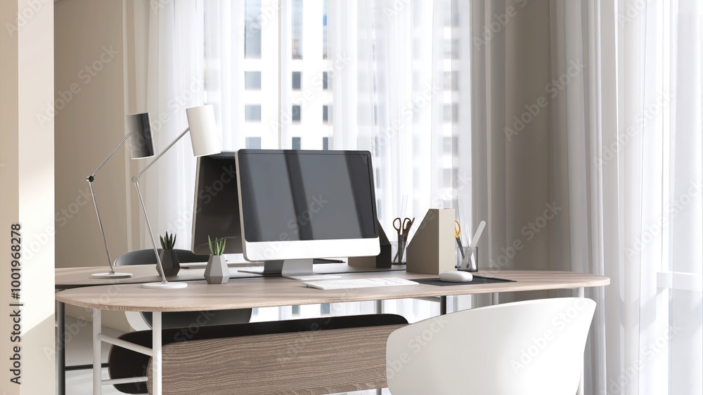 Modern wooden working desk with computer, lamp with chair against mirror wall in sunlight from window with sheer curtain on beige wall room for interior design decoration, product background 3D Modern wooden working desk with computer, lamp with chair against mirror wall in sunlight from window with sheer curtain on beige wall room for interior design decoration, product background 3D