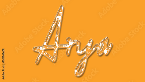 3D Thick Transparent Liquid text effect of name Arya on Yellow Background. photo