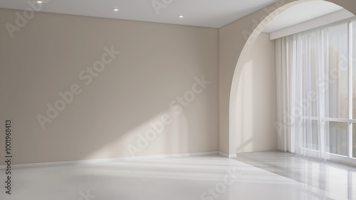 Foto Luxury, modern empty room with arch, beige wall in sunlight from white sheer cur