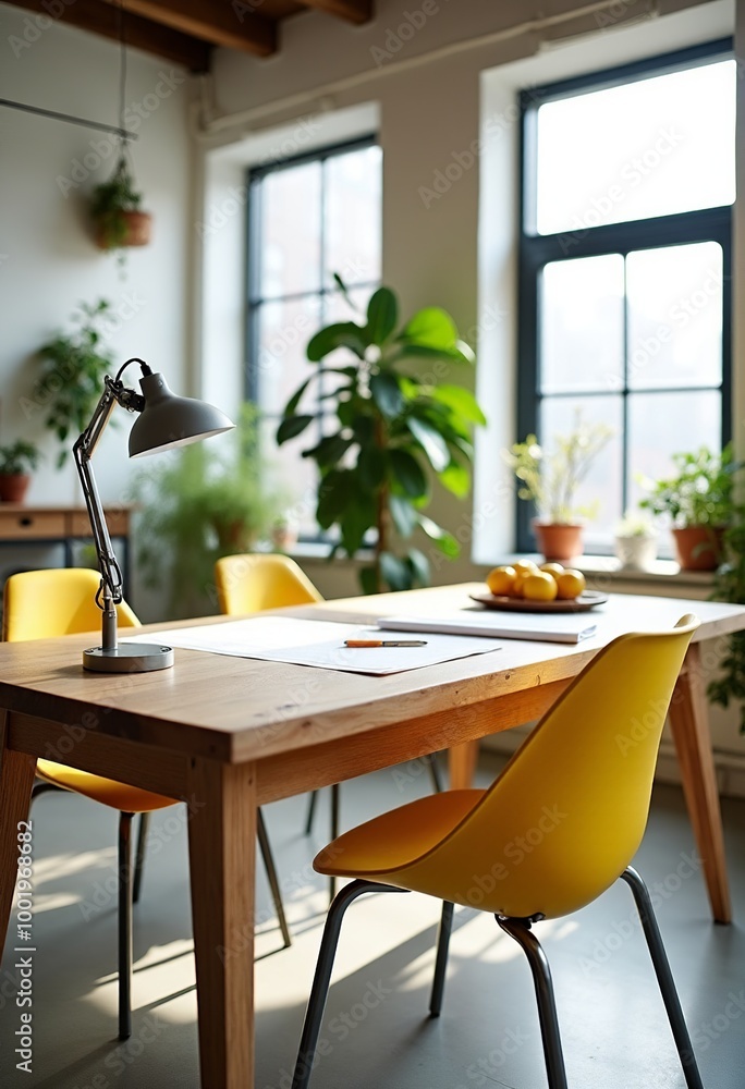 Fototapeta premium Sleek Urban Oasis: Architect's Co-Working Haven with Polished Concrete, Wooden Accents & Lush Greenery - Boost Productivity in Natural Sunlight