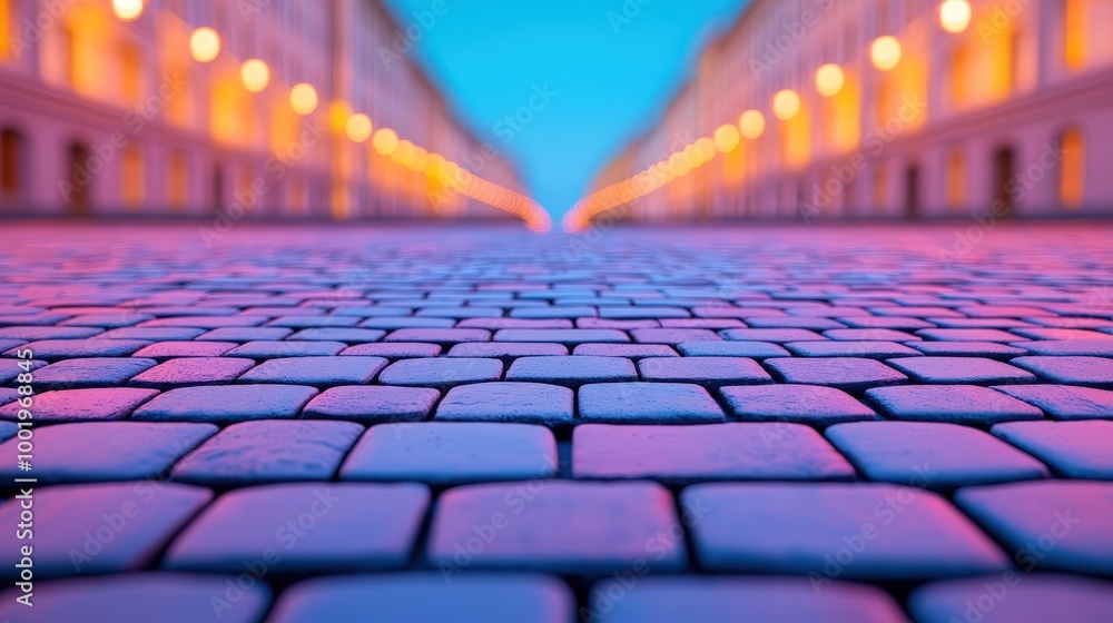 Cobblestone Street at Dusk with Blurry City Lights Background Cobblestone Street at Dusk with Blurry City Lights Background