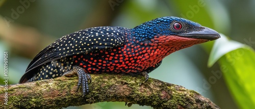 Vibrant Varanus macraei Lizard Perched on Lush Green Foliage in a Tropical Setting photo