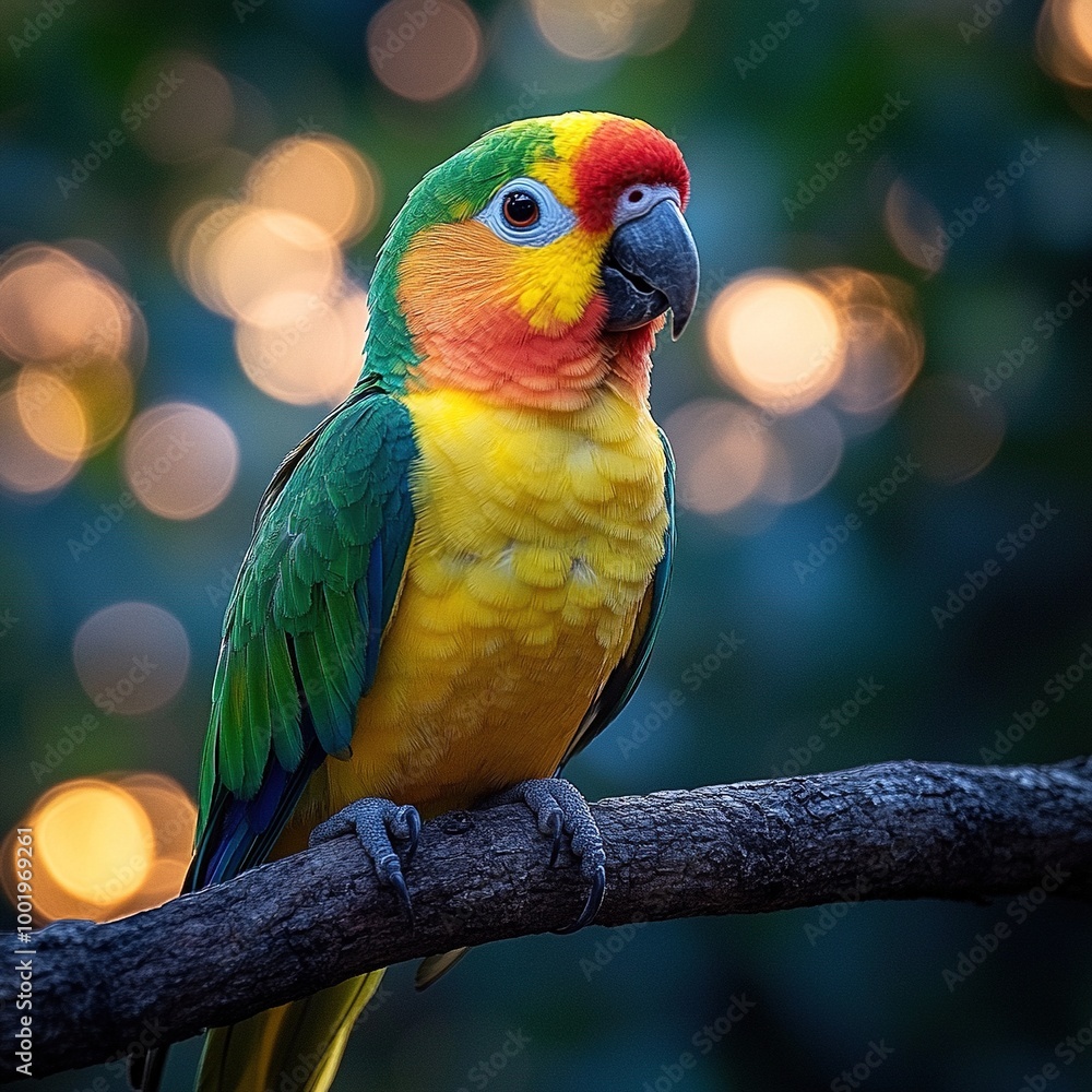 Vivid Green-Cheeked Conure Perched Gracefully on a Branch in a Bright and Colorful Environment Vivid Green-Cheeked Conure Perched Gracefully on a Branch in a Bright and Colorful Environment