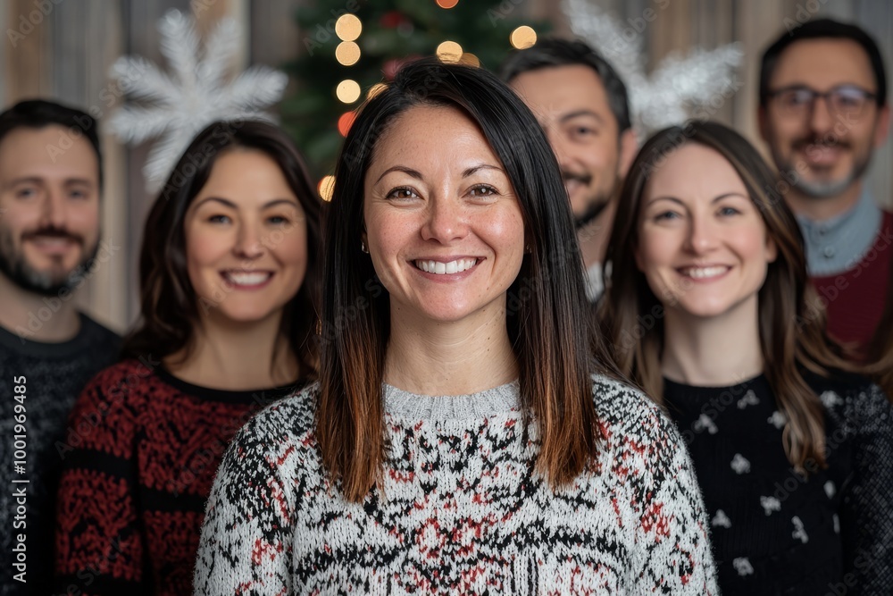 A group of colleagues wearing holiday sweaters, posing for a group photo in front of a festive backdrop, Generative AI A group of colleagues wearing holiday sweaters, posing for a group photo in front of a festive backdrop, Generative AI