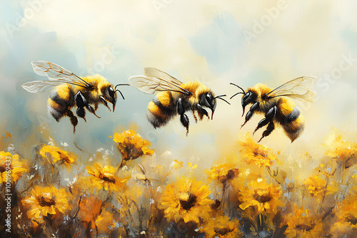 Painting bees border nature insect animal