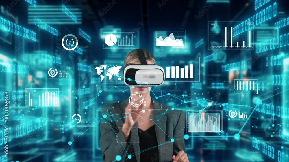 Businesswoman sliding and pointing circle finance data world shape monitor through by VR glasses global market interface digital infographic network technology visual hologram animation. Contraption. Businesswoman sliding and pointing circle finance data world shape monitor through by VR glasses global market interface digital infographic network technology visual hologram animation. Contraption.