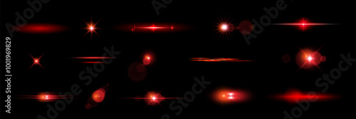 Red light effect reflections, neon illumination in red colors. Bright light lens. Police light effects, lines. Shiny stars, glowing sparks on a black background.