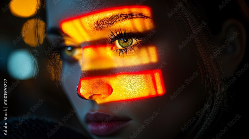 Close-up of a Woman's Eye and Face Illuminated by a Red and Yellow Light Pattern Close-up of a Woman's Eye and Face Illuminated by a Red and Yellow Light Pattern