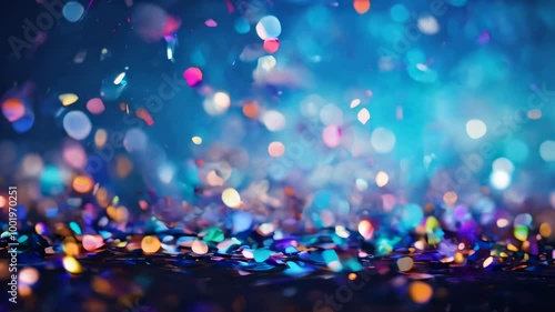 A festive and colorful party with flying neon confetti on a blue background