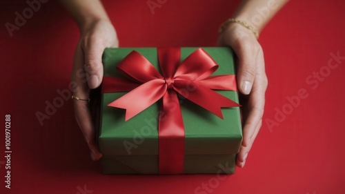 Hands holding green gift with red bow against plain red background