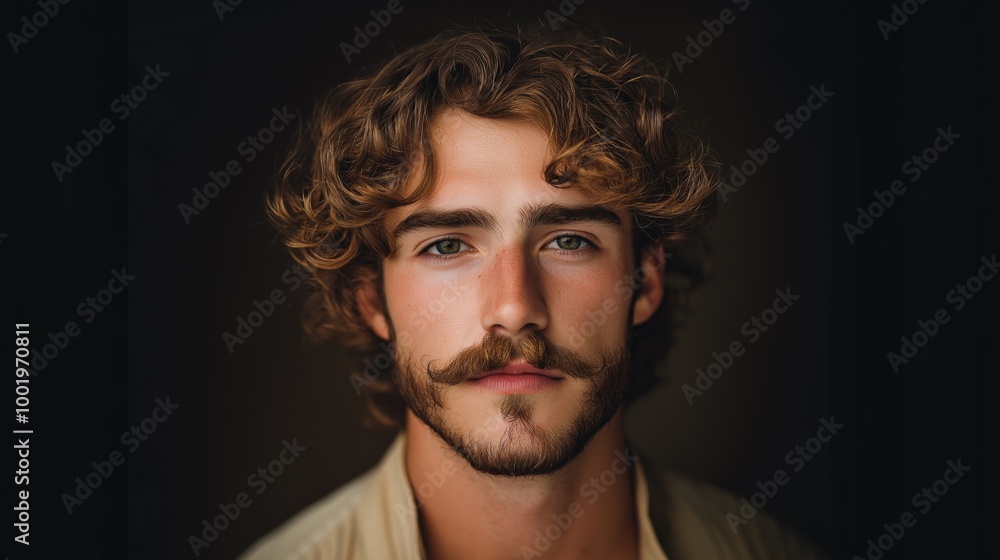 Fototapeta premium Close-up portrait of a young man with voluminous curly brown hair and a mustache, gazing intently into the camera, with natural lighting accentuating his features against a dark background